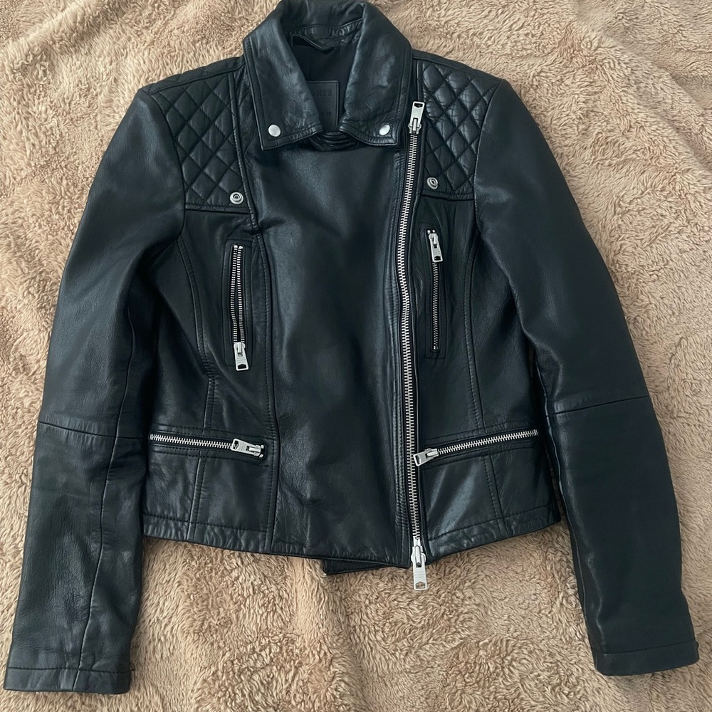 All Saints Black Leather Jacket with Silver Accents